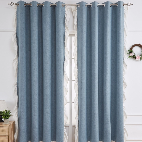 Thickened Linen Blackout Curtains With White Ruffle Edge Grommet Top American Style Window Panels For Living Room