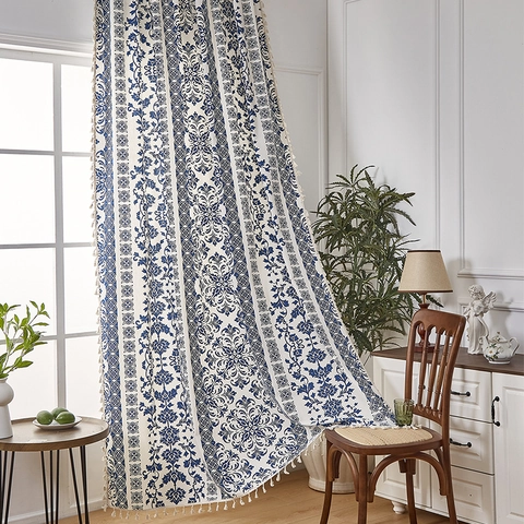 Vintage Blue and White Damascus Printed Curtains With Tassels Semi Shading Polyester Cotton Curtains For Bedroom Home Decor
