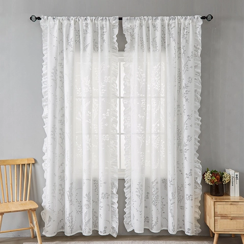 American Style White Sheer Curtains With Grey Floral Pattern Ruffle Trim Voile Window Panel For Bedroom Living Room Rod Pocket Semi Transparent