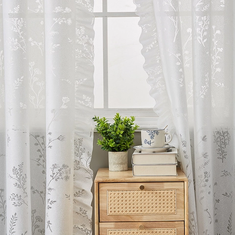 American Style White Sheer Curtains With Grey Floral Pattern Ruffle Trim Voile Window Panel For Bedroom Living Room Rod Pocket Semi Transparent