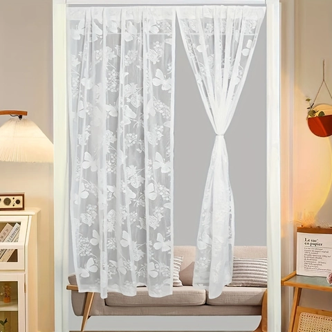 French Retro Lace Door Curtain Semi Transparent Butterfly Embroidery Polyester Partition Window Screen For Bedroom Home Decor