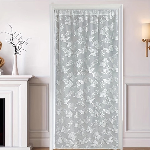 Rideau de Porte en Dentelle Blanche Style Français Motif Floral Papillon Polyester Cloison Semi-Transparente pour Chambre
