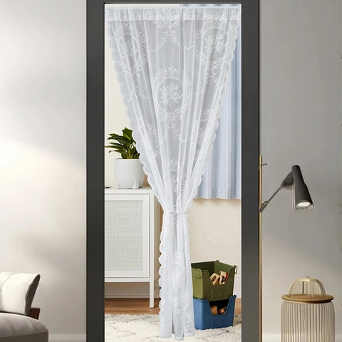 Französisch Retro Weißer Spitze Türvorhang Blumenstickerei Wellenkante Halbtransparent Trennwand Gaze