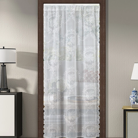 Französisch Retro Weißer Spitze Türvorhang Blumenstickerei Wellenkante Halbtransparent Trennwand Gaze