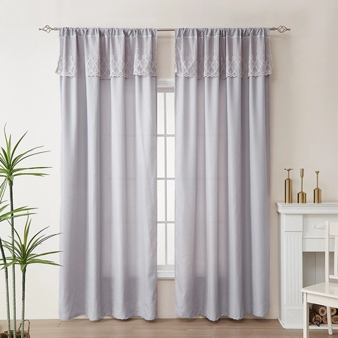 Elegant Polyester Curtains With Lace Valance Rod Pocket Semi Blackout Luxury Drapes For Bedroom Living Room Decor