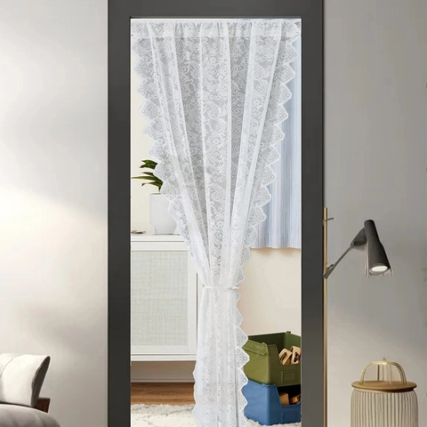 Französisch Vintage Spitze Türvorhang Blumenstickerei Weiß Transparent Fenstervorhang Trennwand Stangendurchzug
