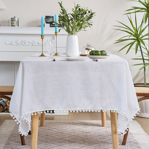 Nappe Rectangulaire Aspect Lin Avec Pompons Style Nordique Anti Poussière Décorative Pour Table À Manger