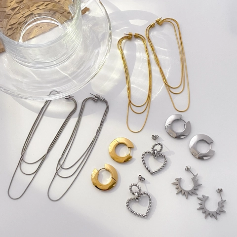 Titanstahl Ohrringe Für Damen Mehrlagige Schlangenknochen Quastenkette Geometrisches Herz Sonnenblume Retro Minimalistisch