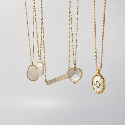 Collar De Acero Inoxidable Chapado En Oro Madreperla Concha Colgante Geometrico Incrustacion Circon Joyeria Retro Mujeres
