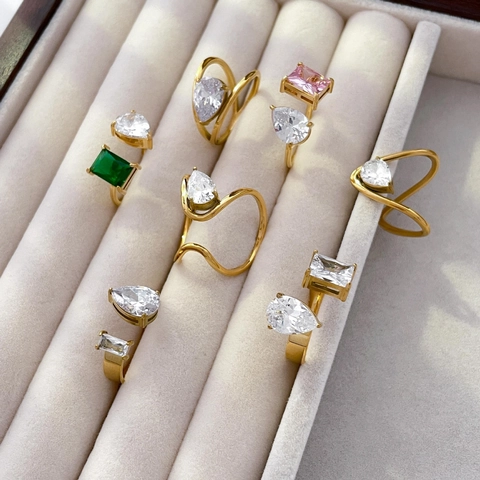 Women Stainless Steel Open Ring 18K Gold Plated Pear Square Cubic Zirconia Adjustable Double Layer Geometric Luxury