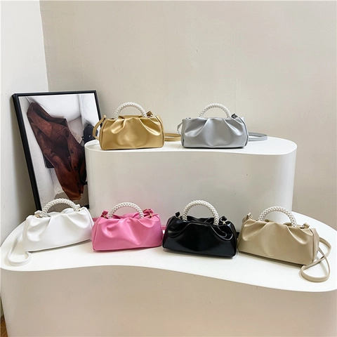 Borsa a Nuvola Plissettata da Donna con Manico di Künstliche Perle Moda Borsa a Tracolla in Pelle PU Piccola Borsa Elegante per Quotidiano Festa