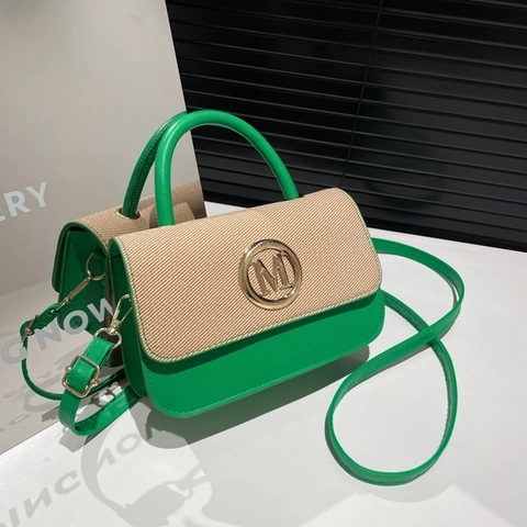 Bolso Bandolera para Mujer en Color de Contraste Textura Tejida Cuero PU Bolso de Mano Cuadrado Pequeño Con Logo M de Metal para Viajes