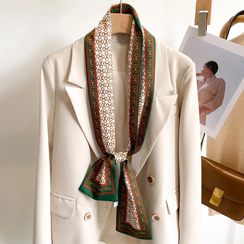 Women Narrow Long Satin Scarf Imitation Satin Horsebit Chain Link Print Decorative Neckerchief Vintage Commuter Style Hair Band