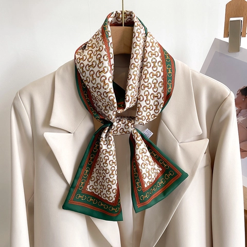 Women Narrow Long Satin Scarf Imitation Satin Horsebit Chain Link Print Decorative Neckerchief Vintage Commuter Style Hair Band