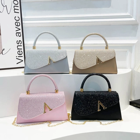 PU Leather Sequin Crossbody Bag Metallic V Buckle Elegant Women Shoulder Bag Versatile Handbag Square Evening Party Purse