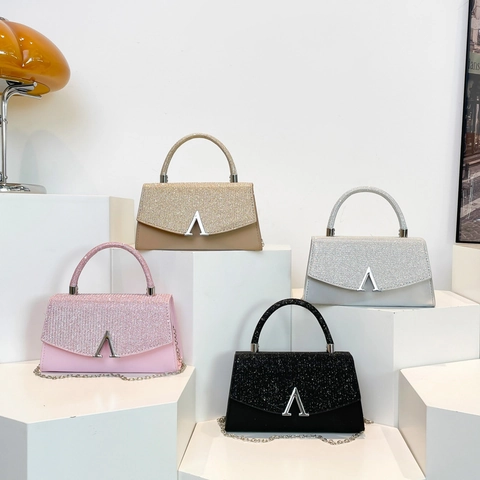 Borsa a Tracolla Quadrata con Paillettes da Donna Con Logo V in Metallo Catena in Pelle PU Borsa a Mano per Festa