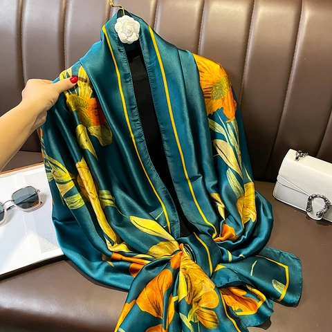 Large Floral Print Satin Scarf Elegant Summer Beach Sun Protection Shawl Faux Satin Long Wraps For Women