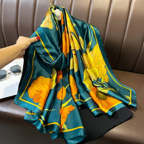 Large Floral Print Satin Scarf Elegant Summer Beach Sun Protection Shawl Faux Satin Long Wraps For Women