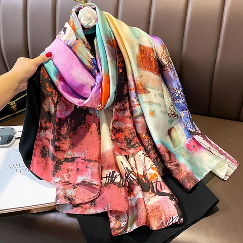 Sciarpa Con Stampa Pittura A Olio Artistica Elegante Scialle In Imitazione Raso Protezione Solare Copricostume Da Spiaggia Per Donna Stile Vintage