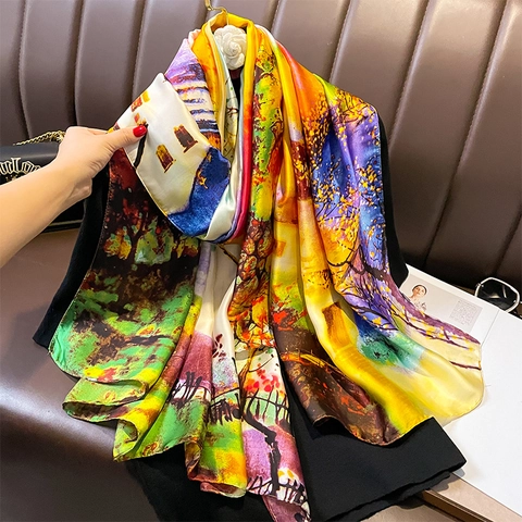 Sciarpa Con Stampa Pittura A Olio Artistica Elegante Scialle In Imitazione Raso Protezione Solare Copricostume Da Spiaggia Per Donna Stile Vintage