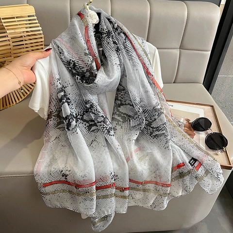 Women Fashion Snake Print Long Shawl Beach Scarf With Gold Chain And Red Belt Pattern Lightweight Polyester Wrap For Vacation