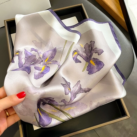 Elegante Foulard Quadrato In Raso Raso Di Gelso Stampa Floreale Iris Viola Sciarpa Da Collo In Raso Per Donna Morbida