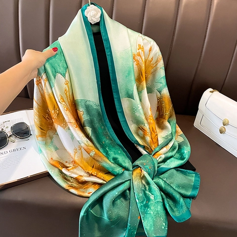 Blumendruck Schal Halstuch KunstSatin Polyester Großer Farbverlauf Glänzend Strand Sonnenschutz Elegant Damen Accessoires