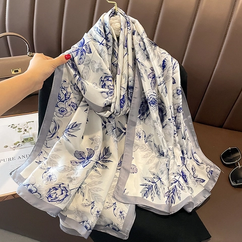 Women Luxury Satin Scarf Elegant Floral Print Shawl For Sun Protection Beach Wrap Lightweight Fashion Bandana Headscarf Summer Accessory