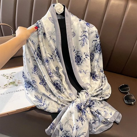 Women Luxury Satin Scarf Elegant Floral Print Shawl For Sun Protection Beach Wrap Lightweight Fashion Bandana Headscarf Summer Accessory