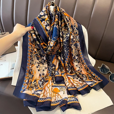 Sciarpa Grande Da Donna Scialle Stampa Uccelli Fiori Protezione Solare Poliestere Satin Spiaggia Retro Elegante Leggero