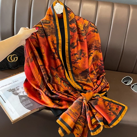 Sciarpa Di Raso Donna Stampa Paesaggio Cinese Raso Morbido Leggero Scialle Grande Elegante Protezione Solare