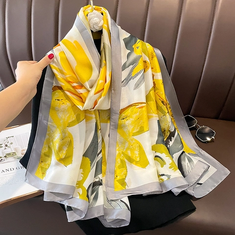 Floral Print Scarf Large Long Shawl Wrap Satin Like Soft Polyester For Women Summer Sun Protection Beach Elegant Fashion