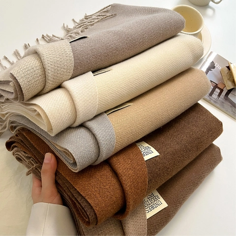 Winter Scarf Dual Sided Faux Cashmere Thick Warm Shawl Wrap With Tassel Fringe Solid Color For Women Men