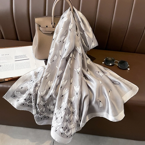 Bufanda Larga Mujer Imitación Satén Estampado Floral Ligero Elegante Protección Solar Chal Suave Envoltura