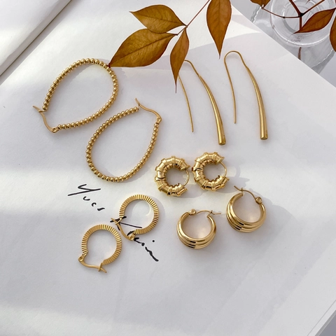 Titanium Steel Hoop Earrings 18K Gold Plated Geometric Bamboo Joint Multi Layer Water Drop Minimalist Jewelry For Women