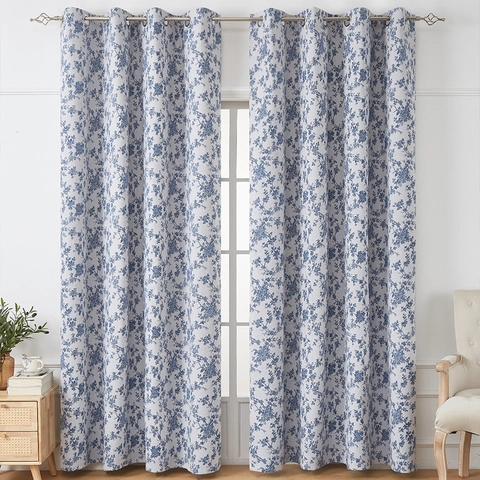 American Vintage Blackout Curtains Polyester Cotton Blend Floral Geometric Printed Grommet Top Window Drapes For Bedroom