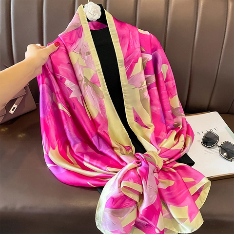 Sciarpa In Raso Con Stampa Floreale Donna Elegante Scialle In Imitazione Raso Avvolgimento Leggero Accessorio Protezione Solare Moda Morbido Traspirante