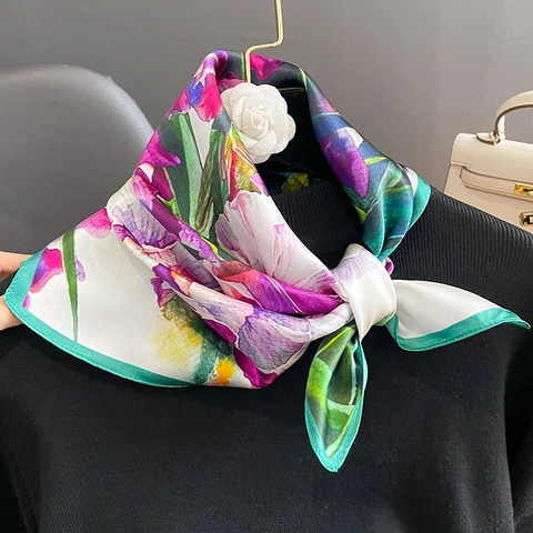 Iris Flower Print Square Scarf Mulberry Satin Elegant Neckerchief For Women Oil Painting Style Fashion Accessory