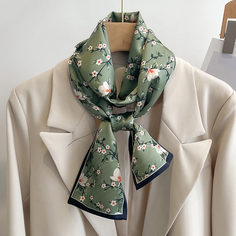Retro French Floral Print Imitation Satin Narrow Scarf Long Neck Tie For Women Elegant Hair Band Handbag Ribbon