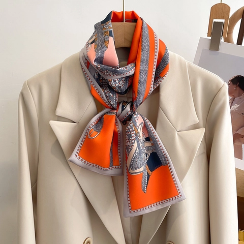 Sciarpa Lunga Stretta Raso Artificiale Stampa Catena Morso Di Cavallo Nastro Elegante Fascia Cravatta Donna