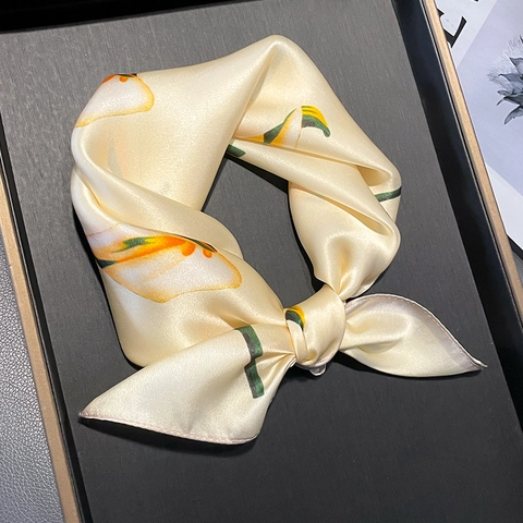 Mulberry Satin Square Scarf Floral Print Calla Lily Elegant Satin Neck Head Scarf For Women