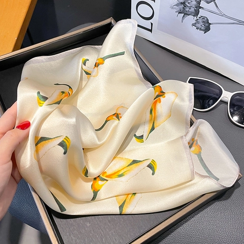 Mulberry Satin Square Scarf Floral Print Calla Lily Elegant Satin Neck Head Scarf For Women