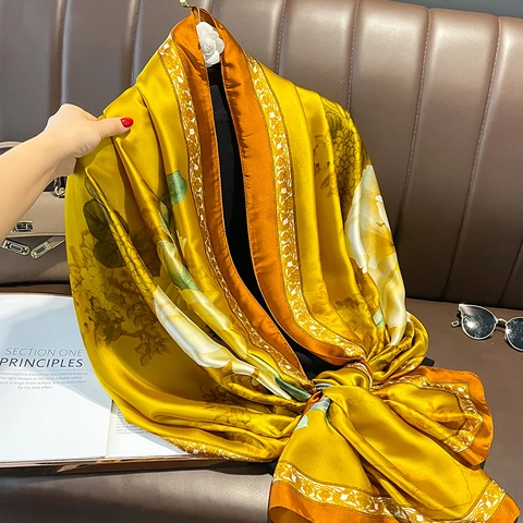 Elegant Floral Print Scarf Satin Like Polyester Large Sun Protection Beach Wrap Shawl Women