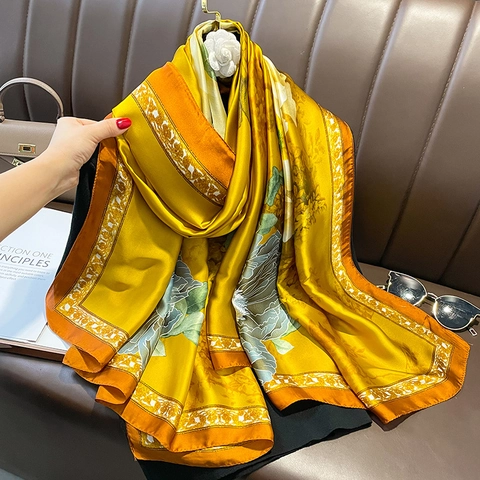 Elegant Floral Print Scarf Satin Like Polyester Large Sun Protection Beach Wrap Shawl Women