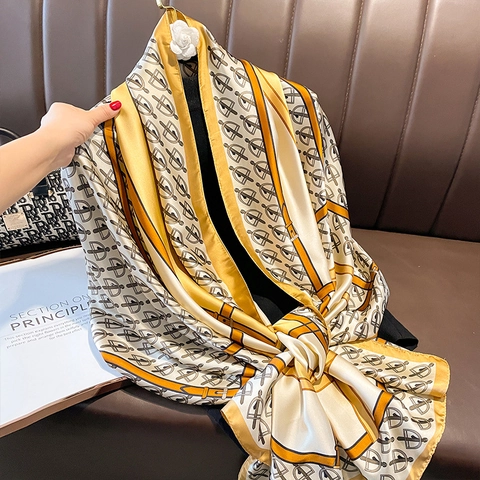 Large Women's Satin Scarf Equestrian Horse Harness Buckle Chain Print Shawl Sunscreen Beach Wrap Luxury Fashion Kerchief