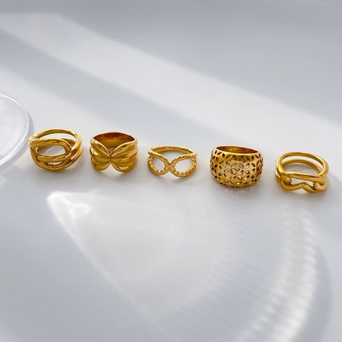 Anello Geometrico Cavo Vintage Placcato Oro 18K Acciaio Al Titanio Corda Intrecciata Motivo A Linee Gioielli Donna