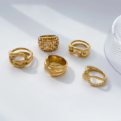 Anello Geometrico Cavo Vintage Placcato Oro 18K Acciaio Al Titanio Corda Intrecciata Motivo A Linee Gioielli Donna