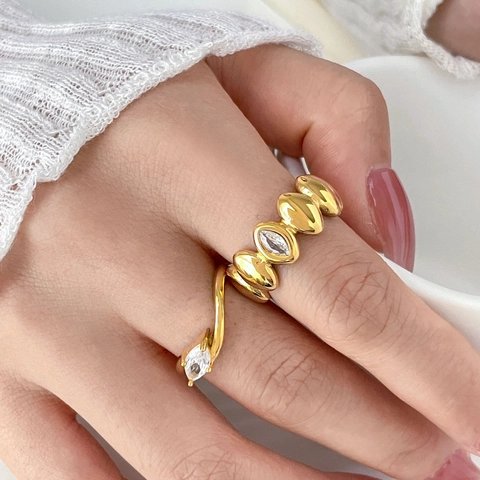 Marquise Zircon Ring 18K Gold Plated Titanium Steel Teardrop Waterdrop Elegant Jewelry For Women Double Layer Band