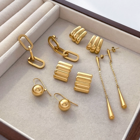 Titanium Steel Earrings Gold Plated Geometric Dangle Studs Hollow Ball Link Chain Minimalist Fashion Accessory Women