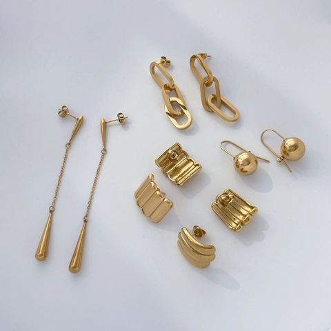 Titanium Steel Earrings Gold Plated Geometric Dangle Studs Hollow Ball Link Chain Minimalist Fashion Accessory Women